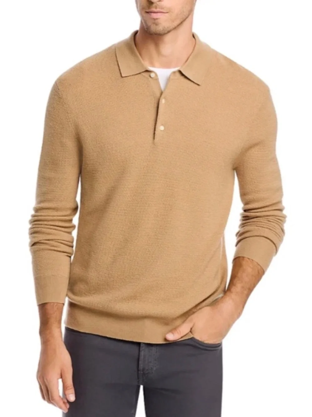 Club Room 100% Fine Cashmere Polo Sweater Men's Medium Camel Beige Knit Luxury